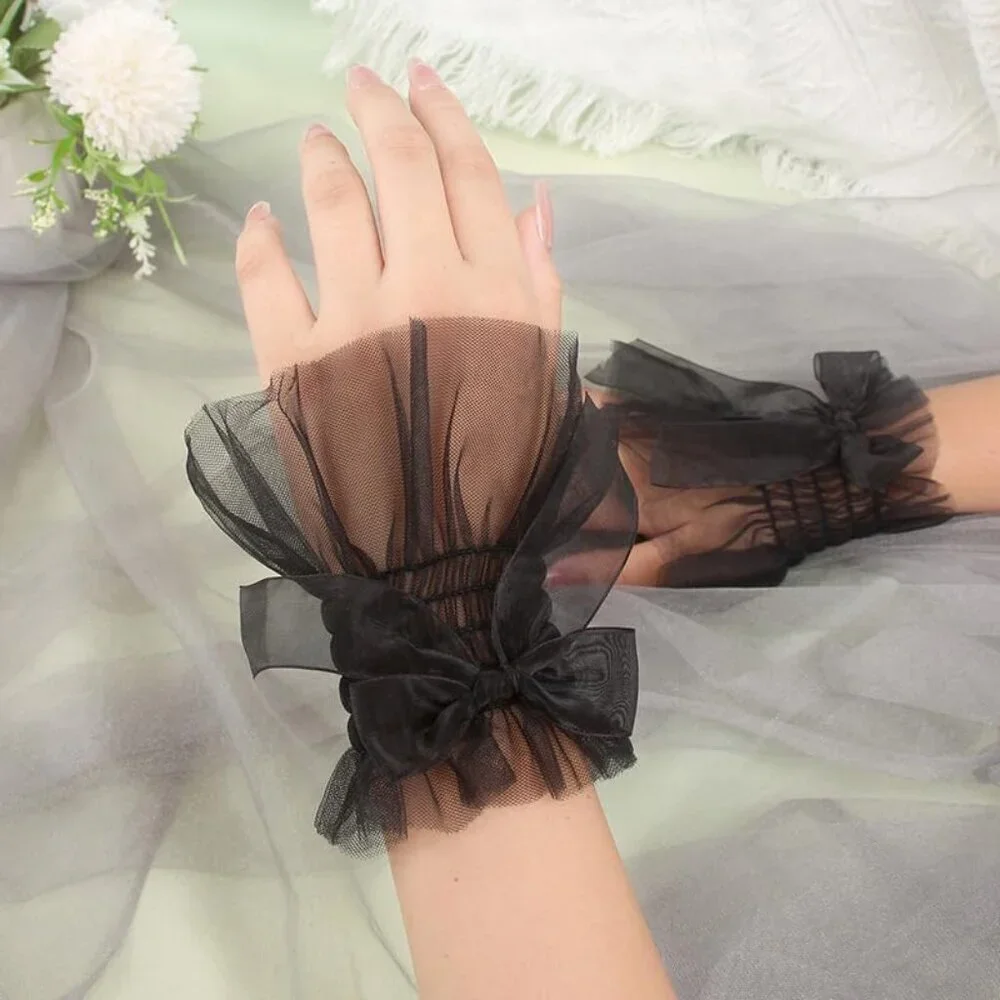 Women's Bow Lace Black Wrist Cuff Hand Sleeve Gloves Wedding Party Decoration